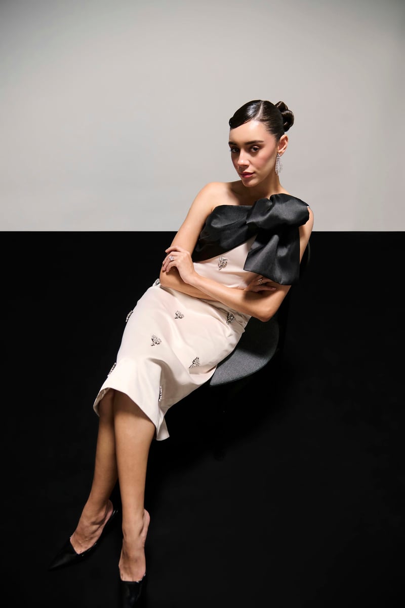 Cream/Black One-Shoulder Bow Crystal Midi Dress