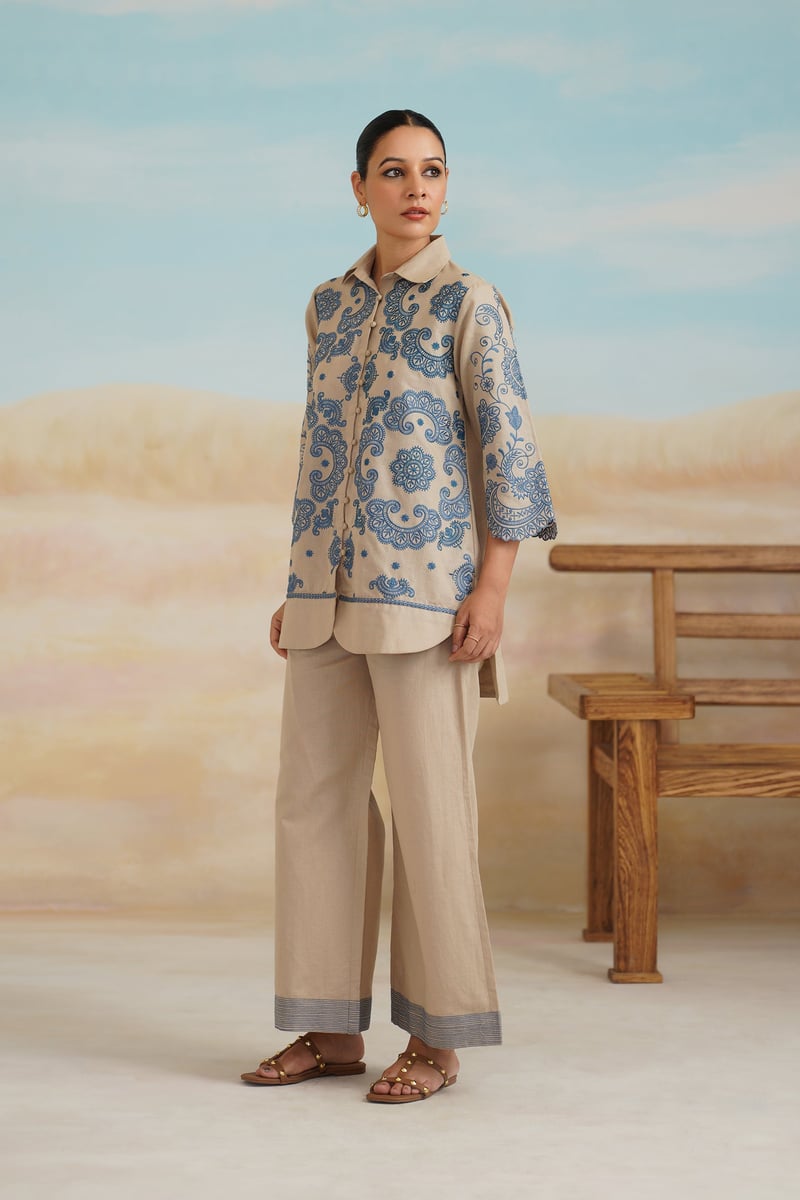Beige Cotton Linen Embroidered Shirt and Pants Co-ord Set