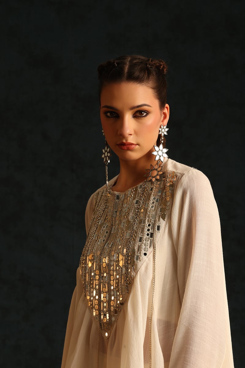 Off White Embellished Yoke Top and Draped Skirt Co-ord Set