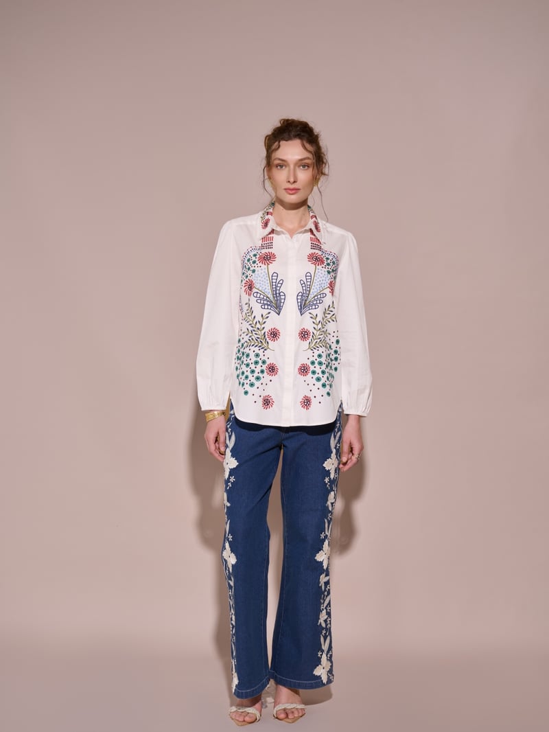 White Embroidered Cotton Button-Down Shirt
