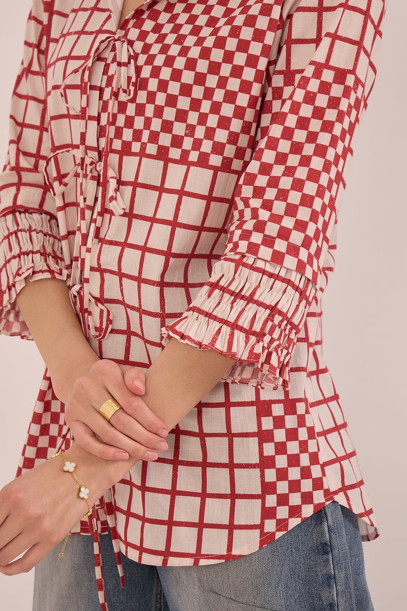 Red and White Patchwork Check Tie-Up Shirt Tunic