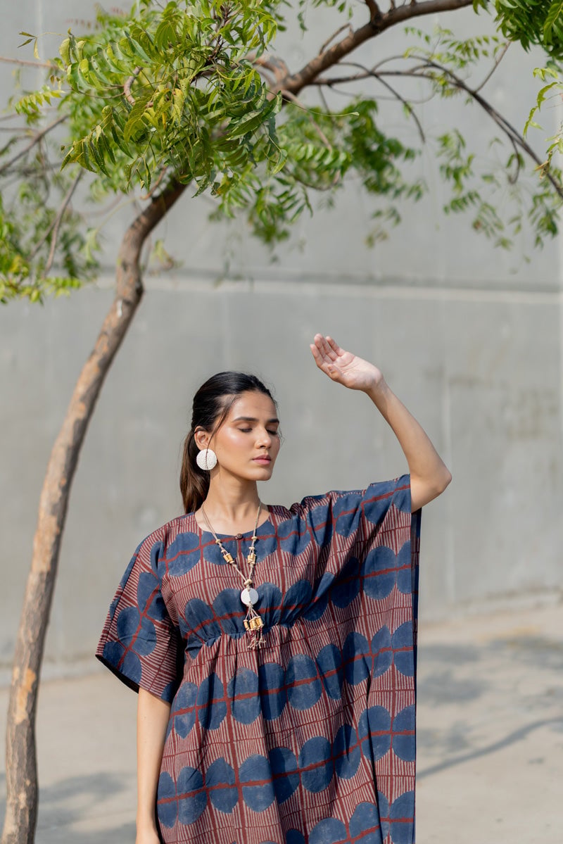 Burgundy and Blue Printed Cotton Midi Kaftan Dress