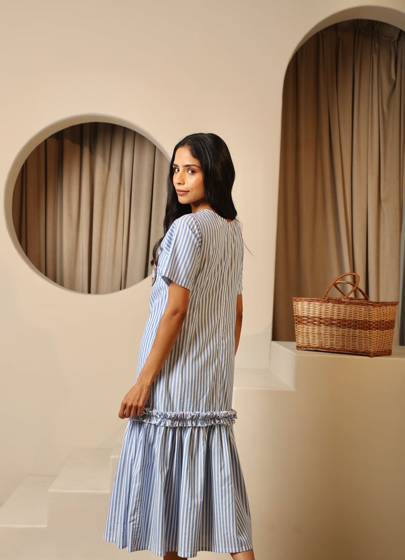 Blue and White Striped Bow Detail Cotton Midi Dress