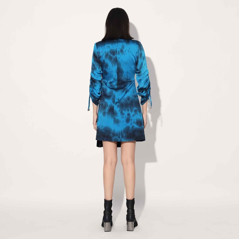 Blue Tie-Dye Satin Wrap Jacket Mini Dress