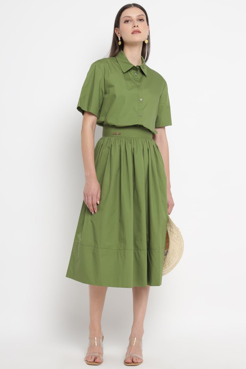 Olive Green High-Waist Tiered Midi Skirt