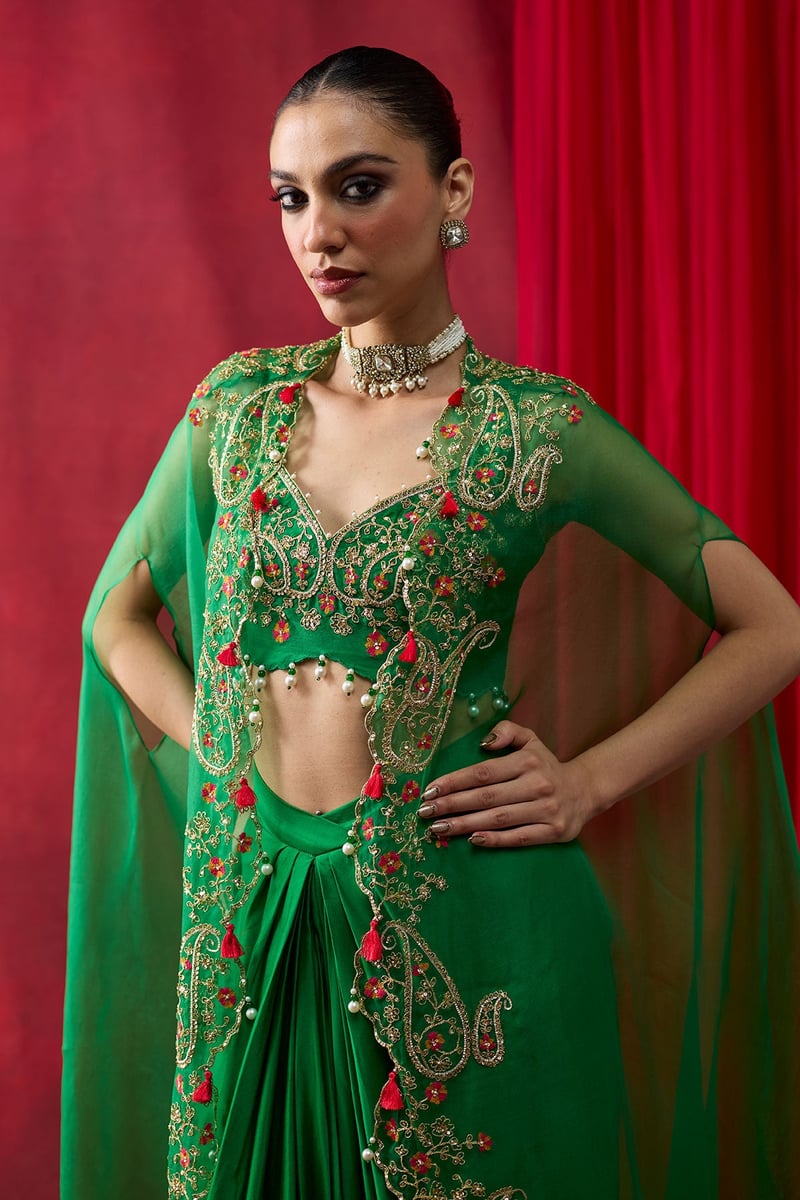 Green Embroidered Cape Co-ord Set with Draped Maxi Skirt