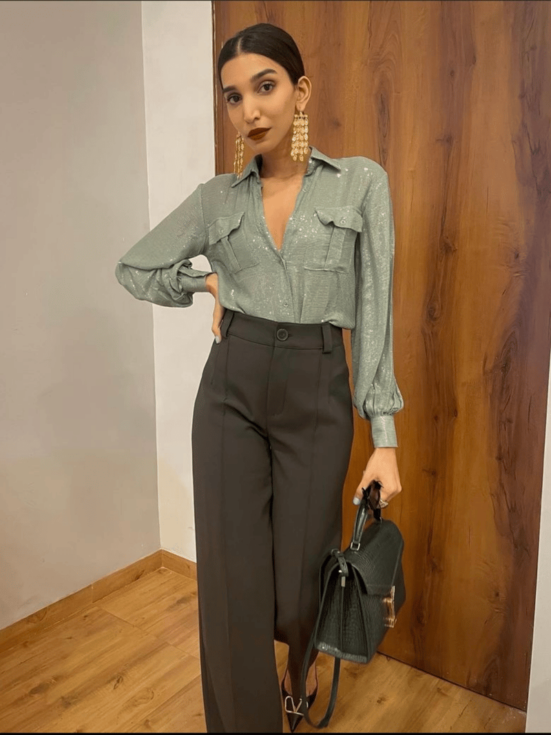 Aqua Blue Sequins Georgette Shirt with Balloon Sleeves