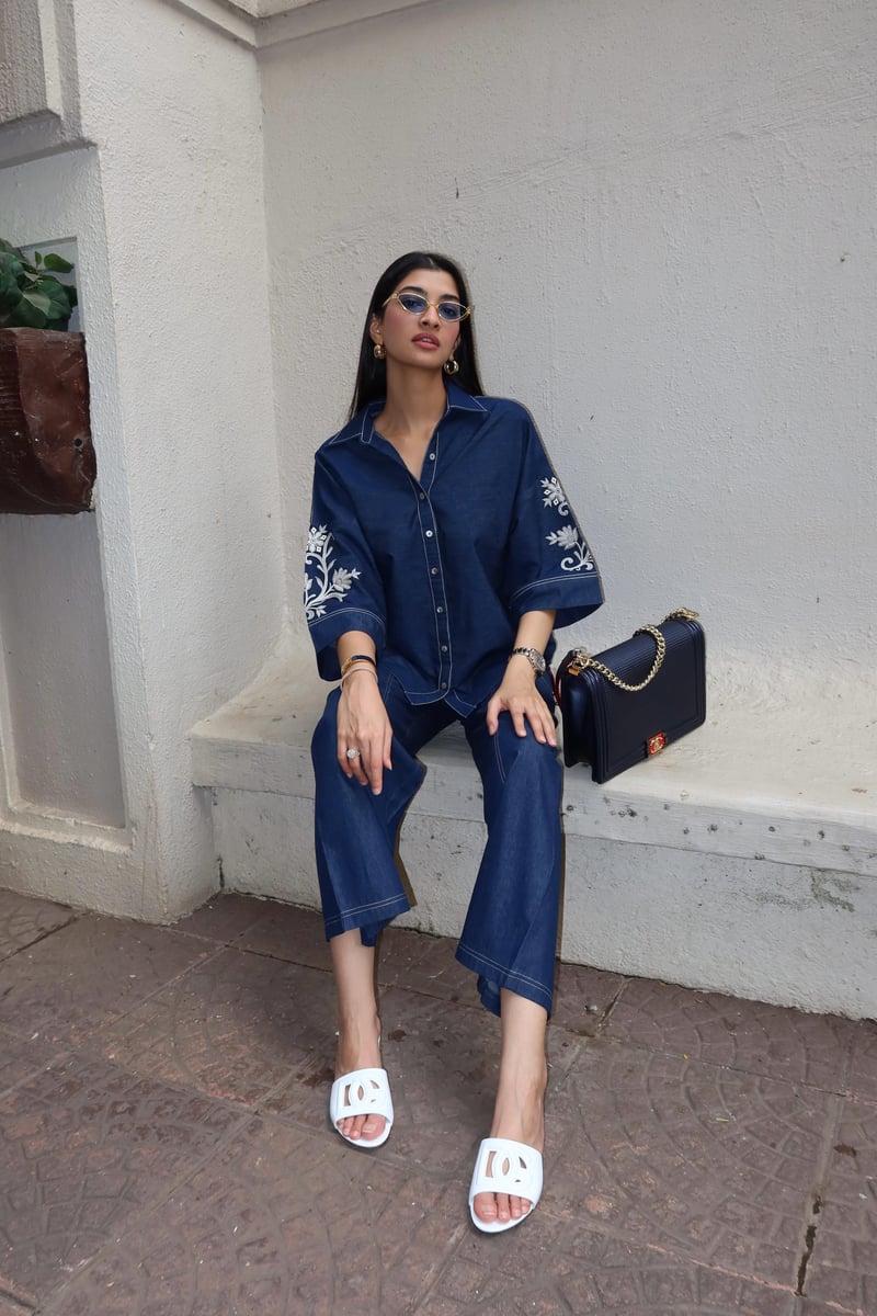 Denim Blue Embroidered Shirt and Wide-Leg Co-ord Set
