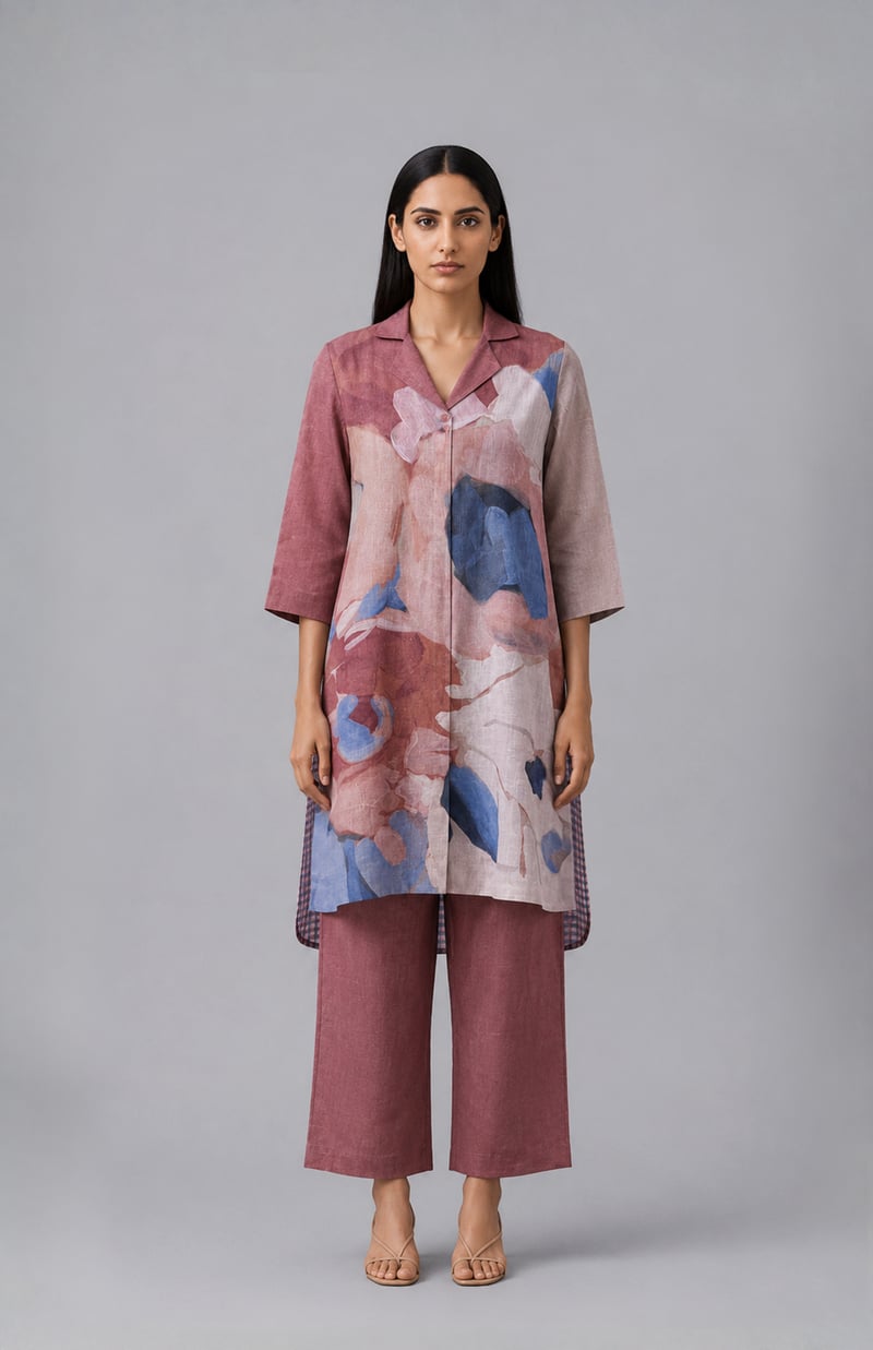 Rust Abstract Printed Linen Kurta Set with Lapel Collar — CLOS