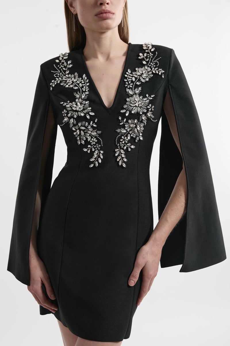 Black Embellished Cape Sleeve Bodycon Mini Dress