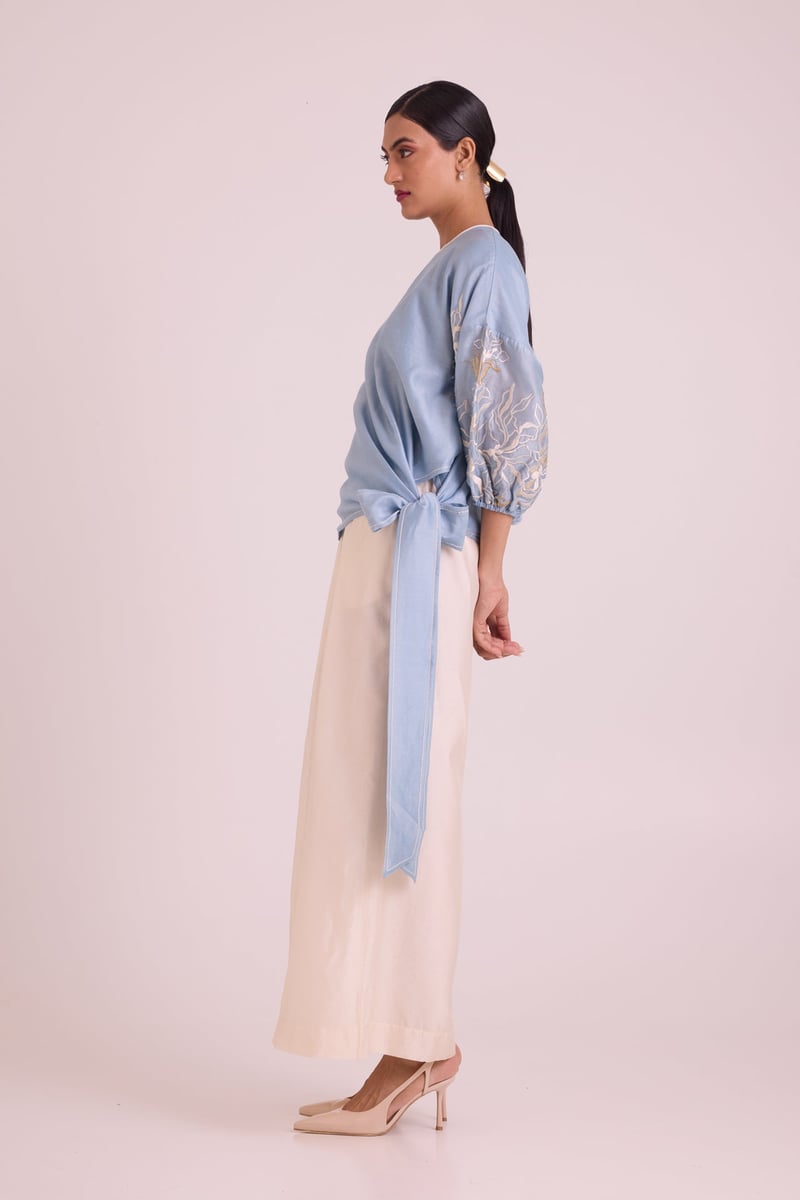 Blue Chanderi Silk Tie-Up Top with Embroidered Sleeves