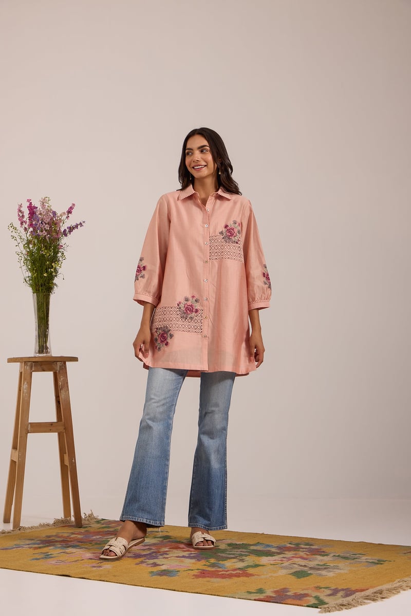 Pink Sheer Mul Chanderi Lace Panel Longline Shirt