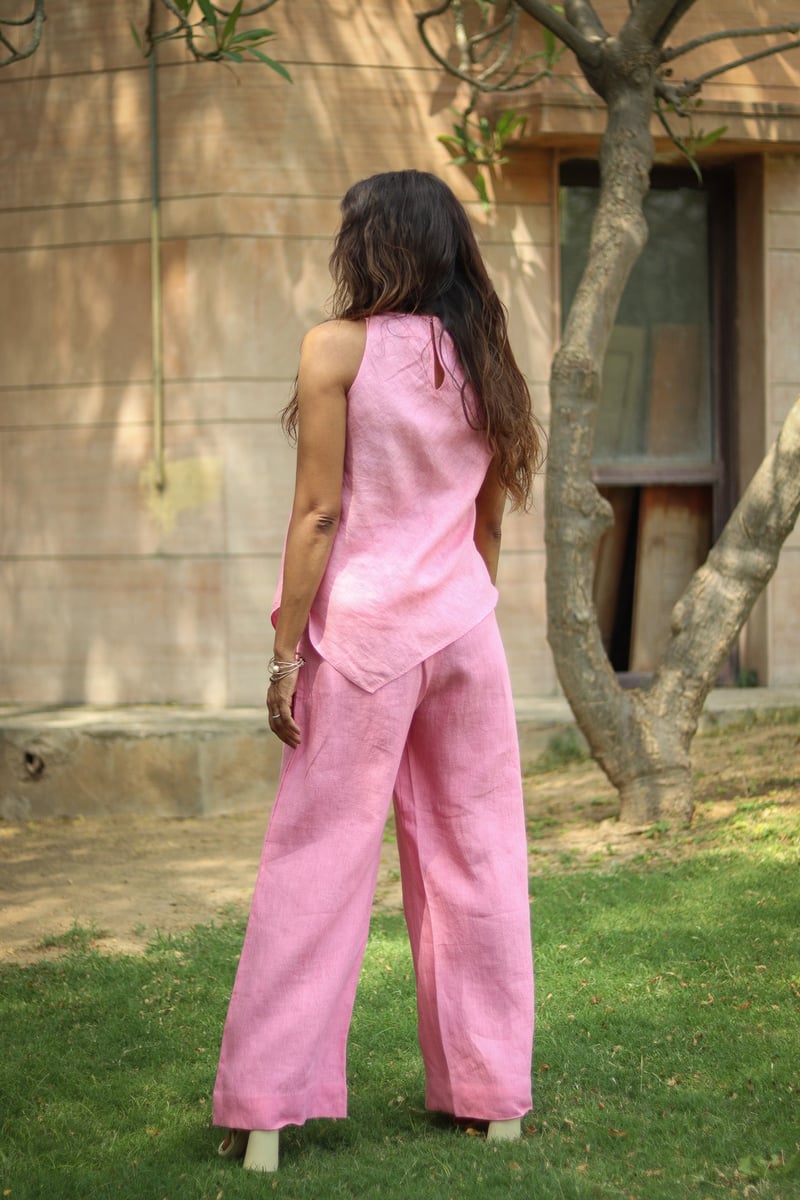 Pink Linen Wide-Leg Trousers with Floral Embroidery