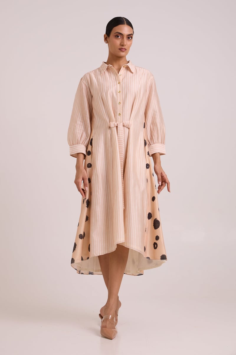 Almond Mixed-Print Midi Shirt Dress with Tie Belt