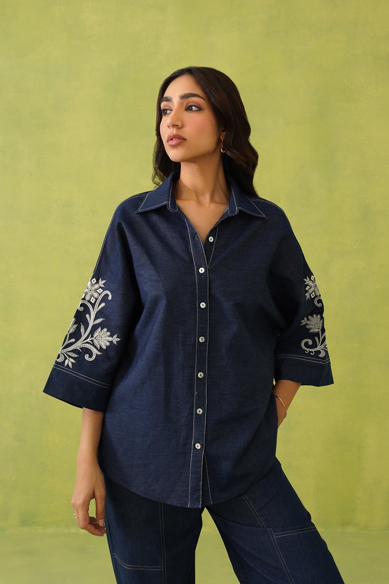 Denim Blue Embroidered Shirt and Wide-Leg Co-ord Set