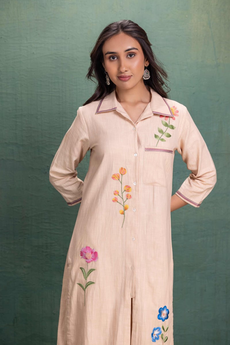 Beige Machine Embroidery Coord Set