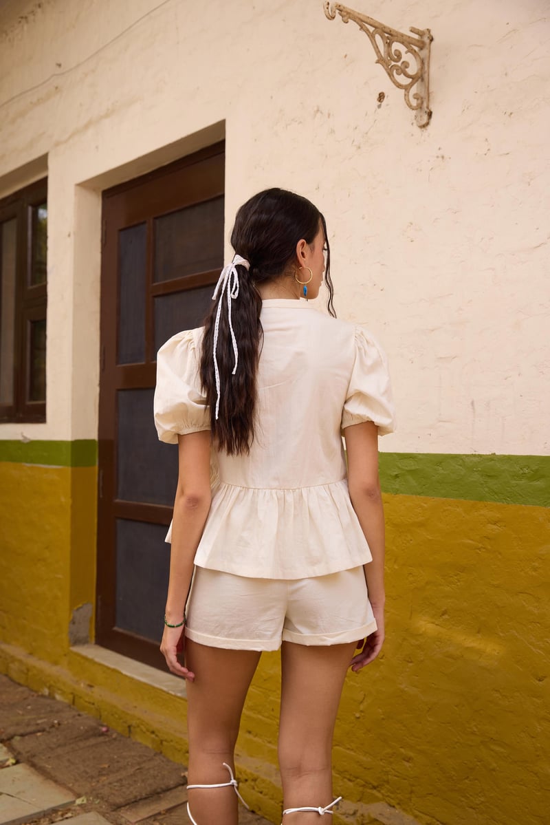 Beige Peplum Top and High-Rise Shorts Co-ord Set