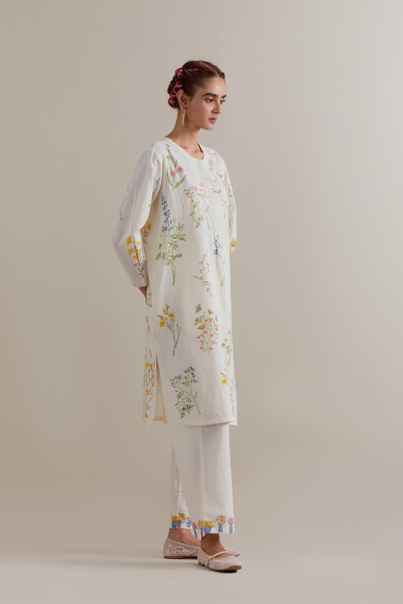 Off-White Floral Block Print Straight Kurta Set