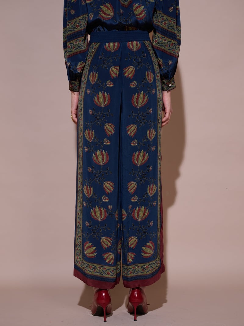 Blue Floral Placement Print Wide-Leg Trousers