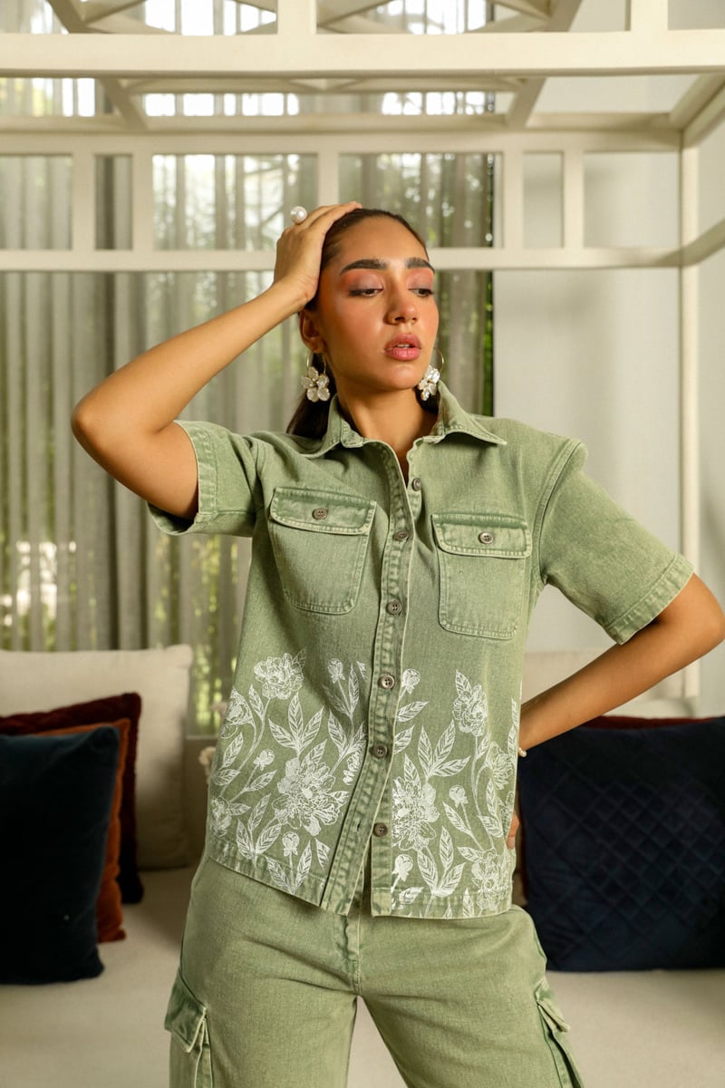 Green Cotton Twill Shirt and Cargo Pants Co-ord Set