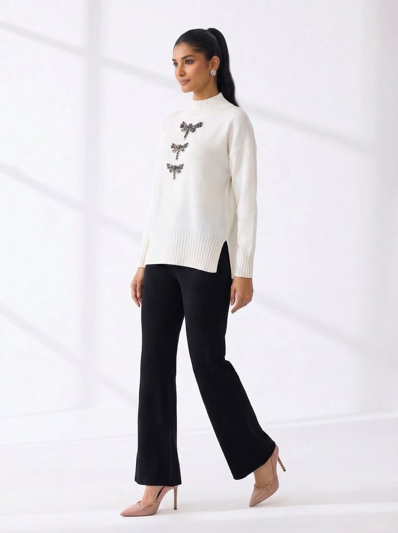 White High-Neck Pullover Sweater with Dragonfly Motifs