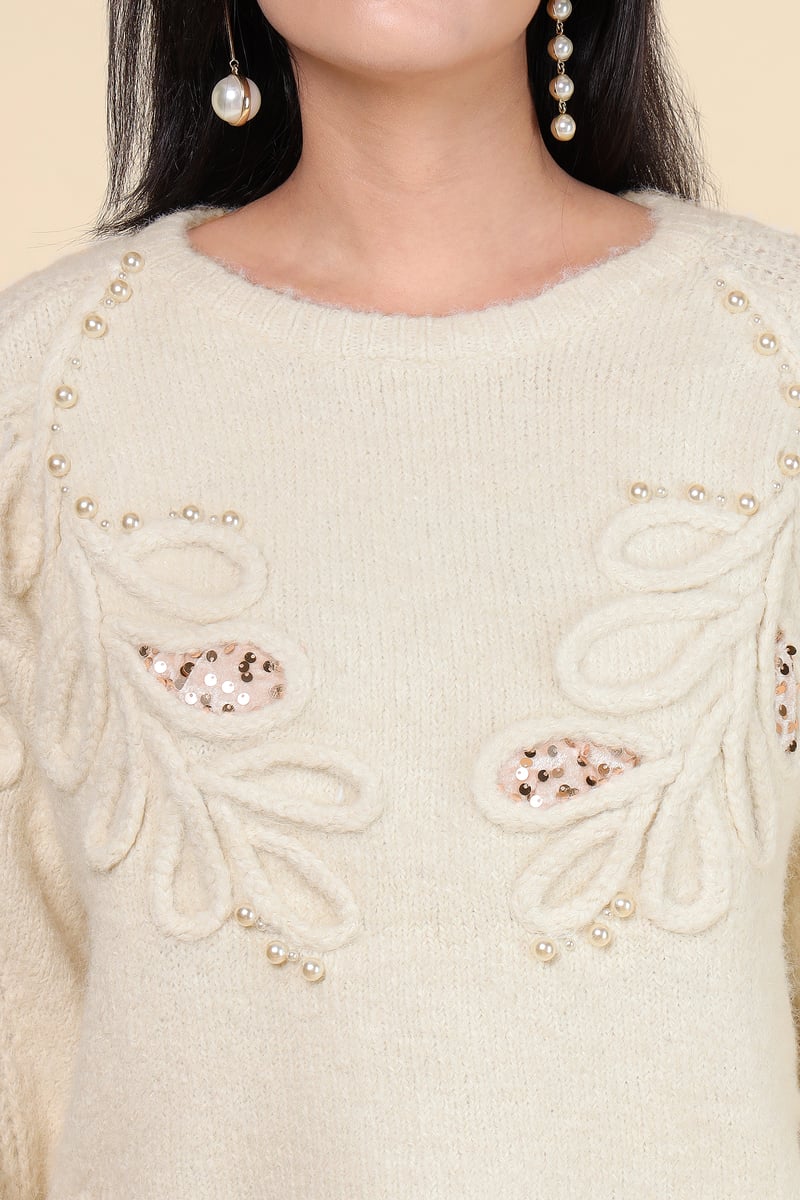 Beige Applique Embellished Round Neck Pullover Sweater
