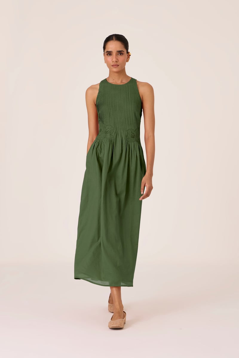 Green Pintuck Bodice Embroidered Midi Dress