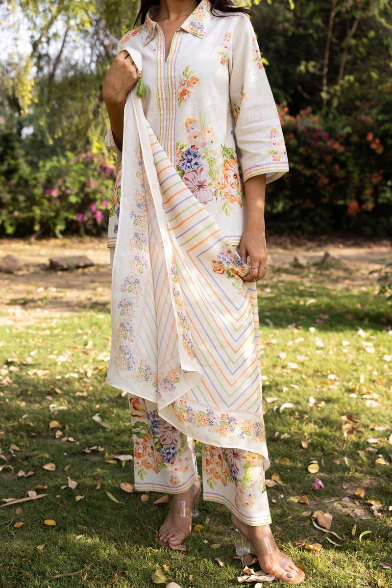 Cream Linen Floral Shirt and Trouser Co-ord Set