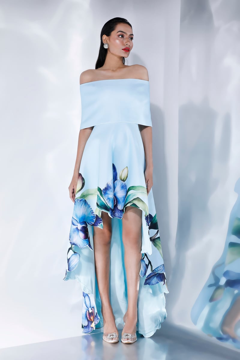 Light Blue Off-Shoulder High-Low Floral Print Maxi Dress