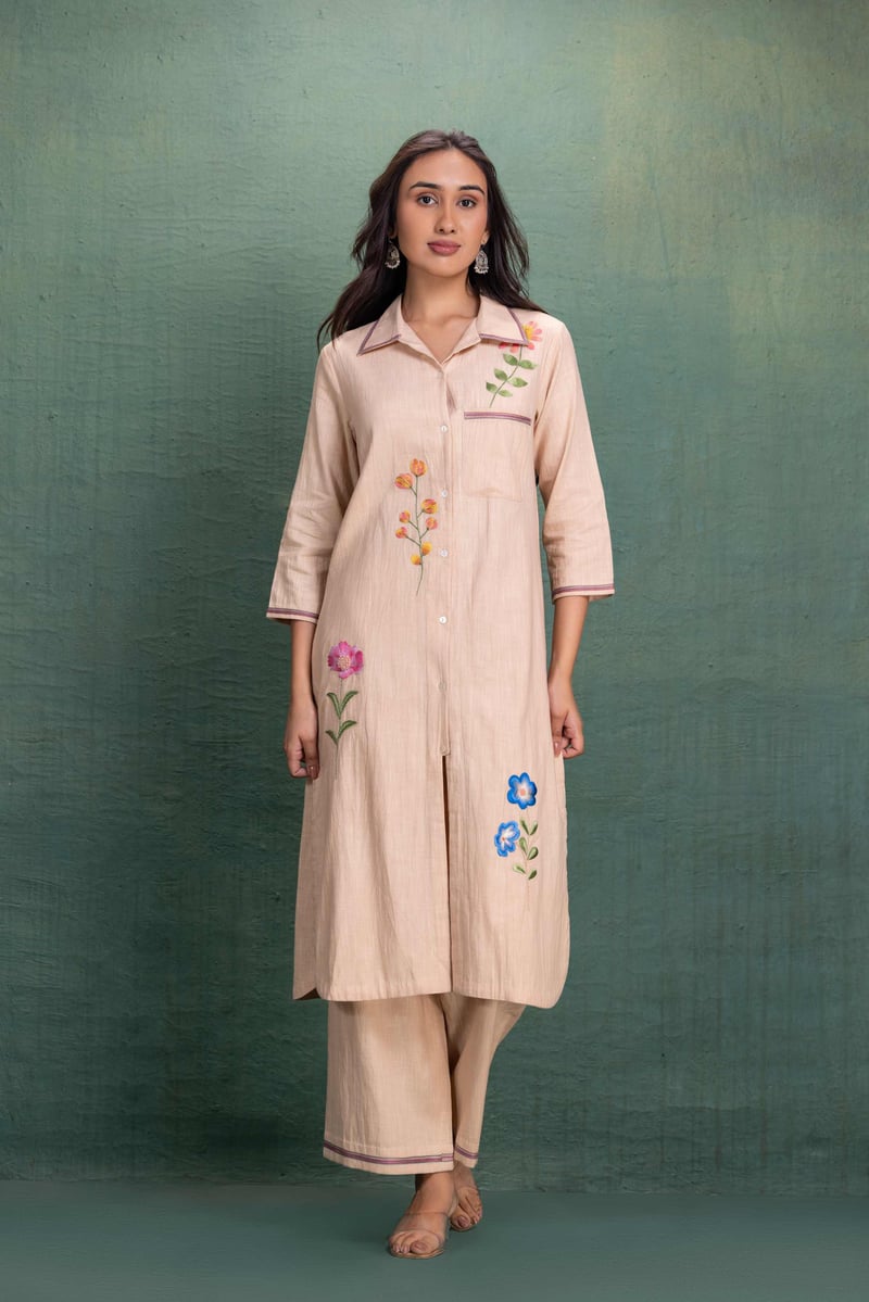 Beige Machine Embroidery Coord Set