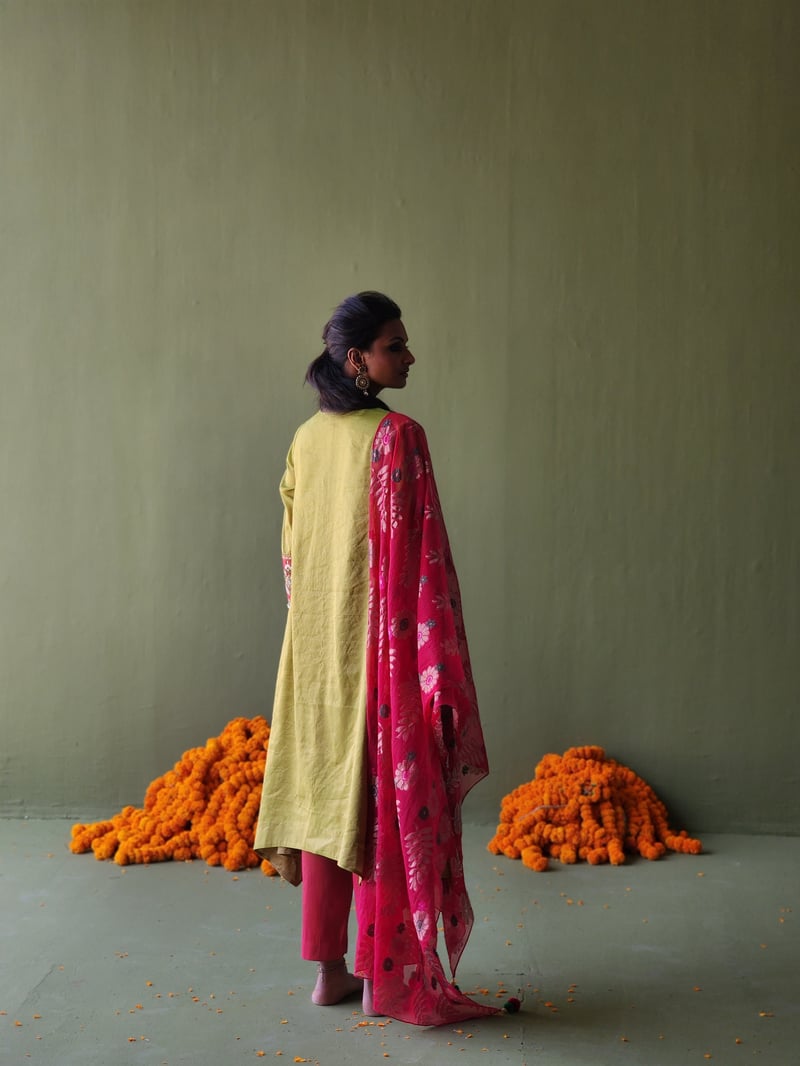 Green Silk Kurta Set with Embroidered Cuffs and Dupatta