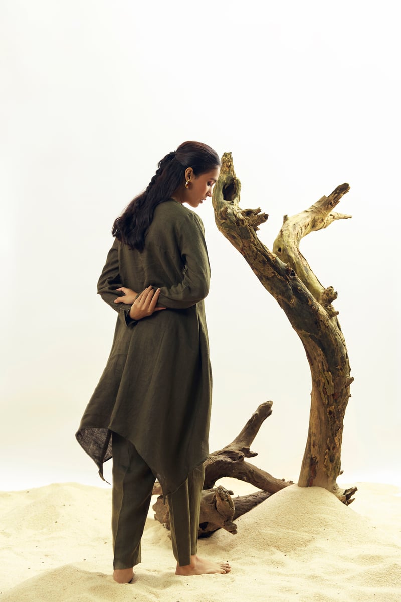 Olive Linen Tunic and Straight Pants Co-ord Set