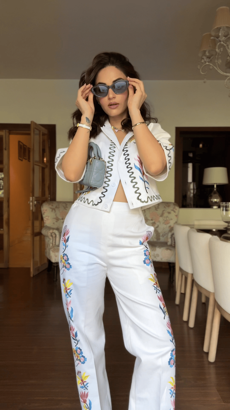 White Denim Embroidered Co-ord Set with Crop Jacket