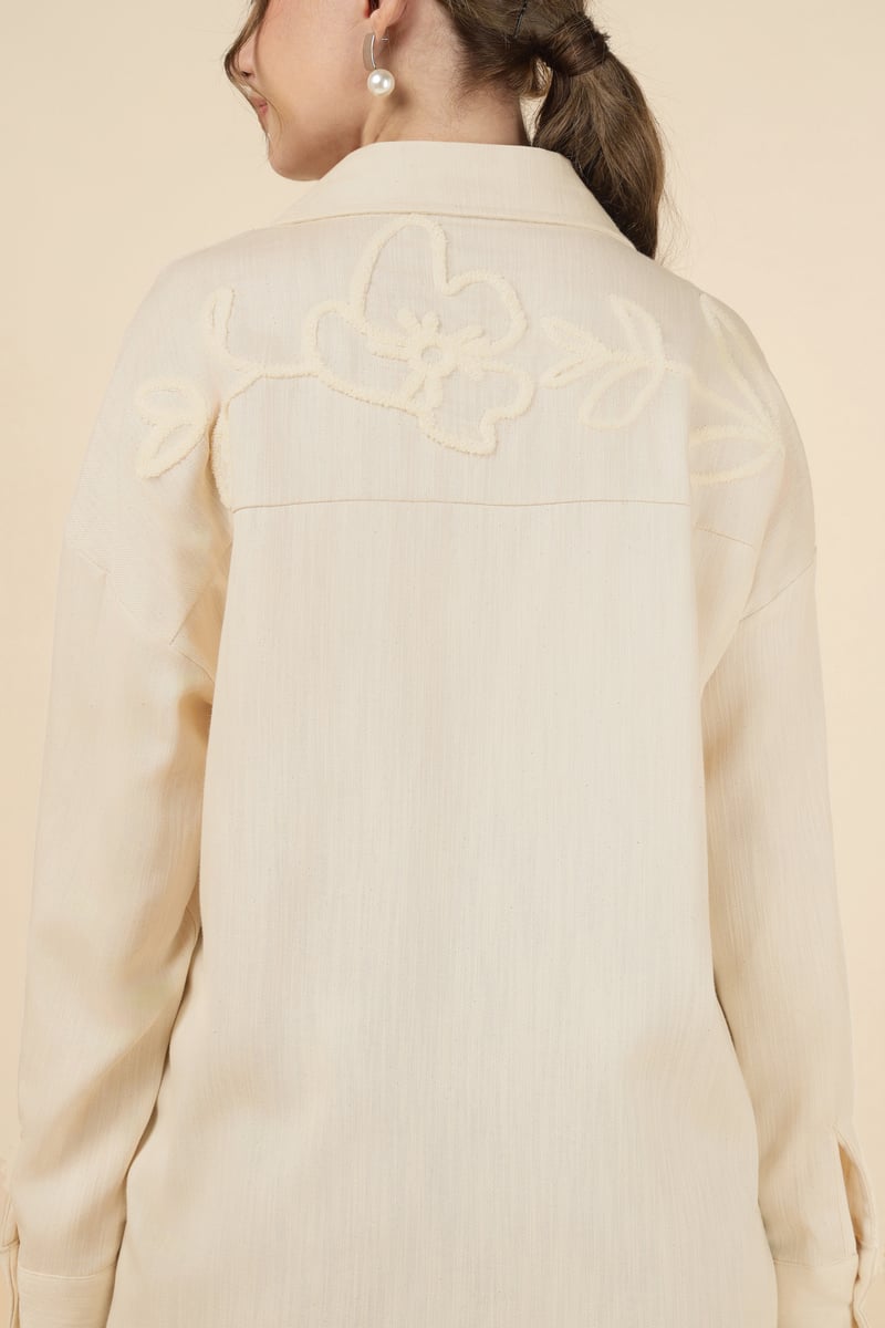 Natural Ivory Tonal Embroidered Button-Down Shirt