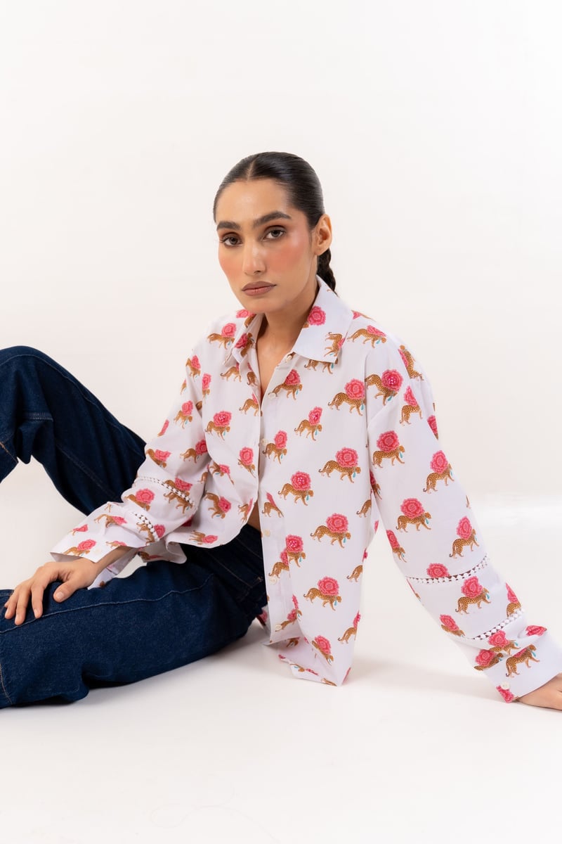 White Oversized Printed Cotton Shirt with Beadwork