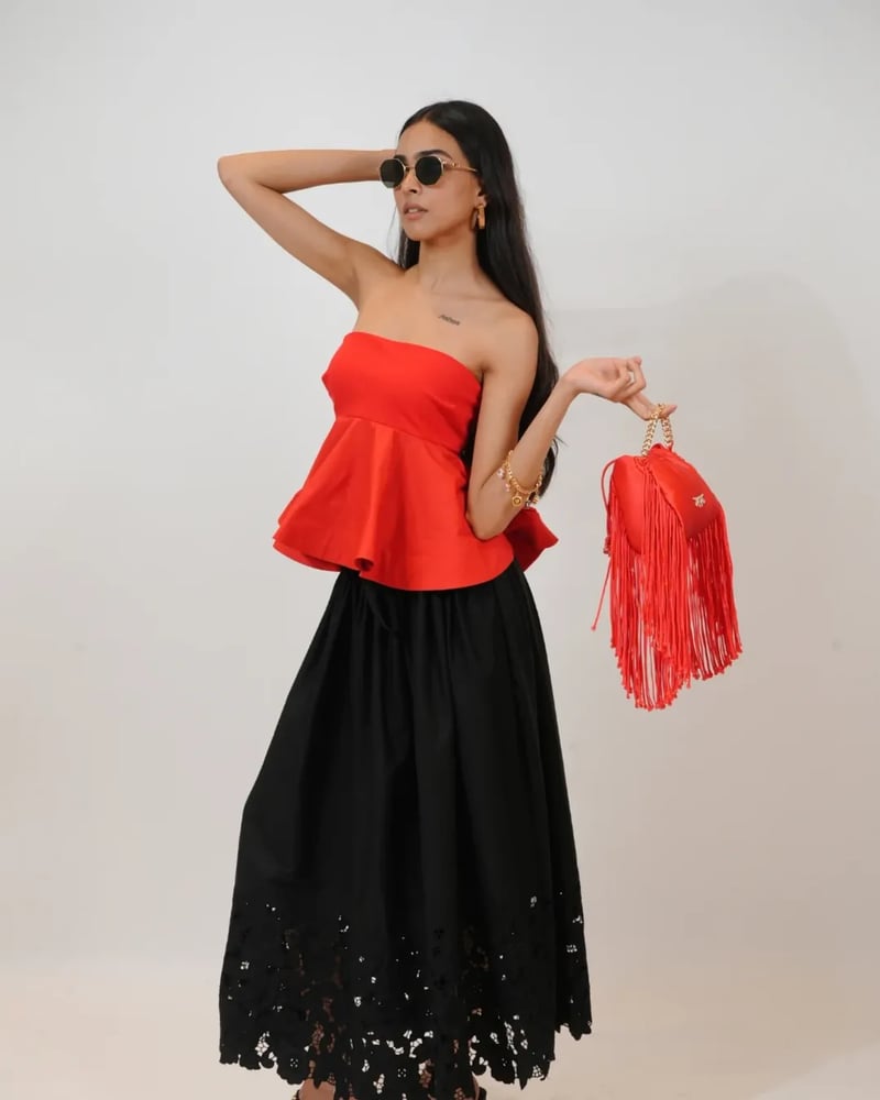 Red Bandeau Peplum Top with Ruffle Hem