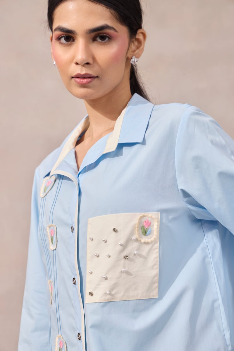Frost Blue Cotton Poplin Shirt with Applique and Pearl Pocket