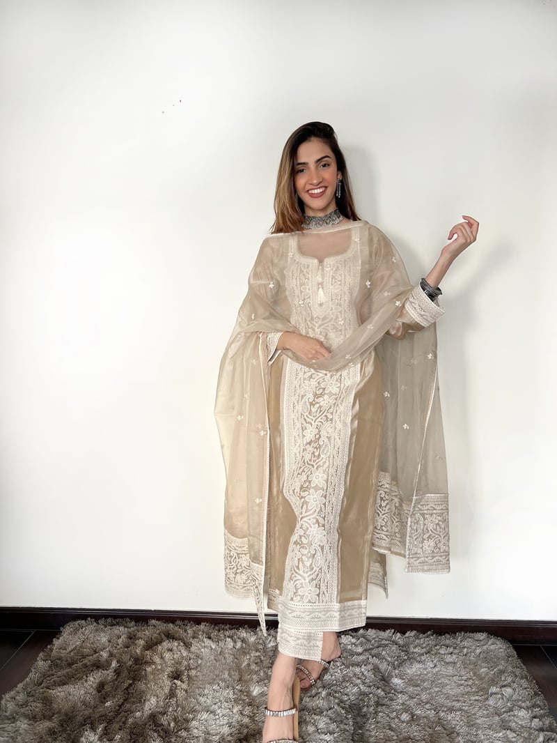 Beige Chanderi Silk Embroidered Kurta Set with Dupatta