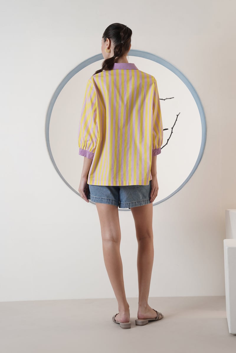 Yellow and Lilac Striped Twist and Tie Shirt
