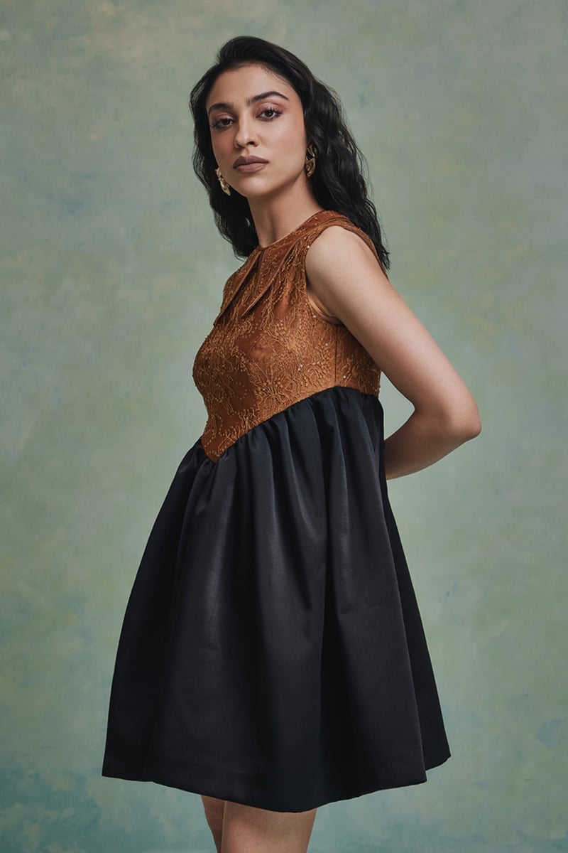 Black and Gold Two-Tone Lace Bodice Mini Dress