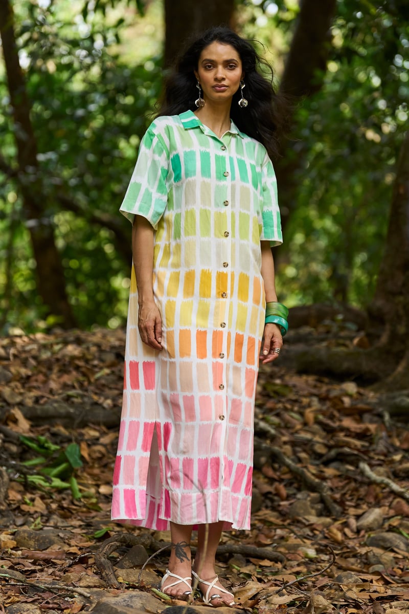 Multicolor Printed Midi Shirt Dress with Button-Down Front