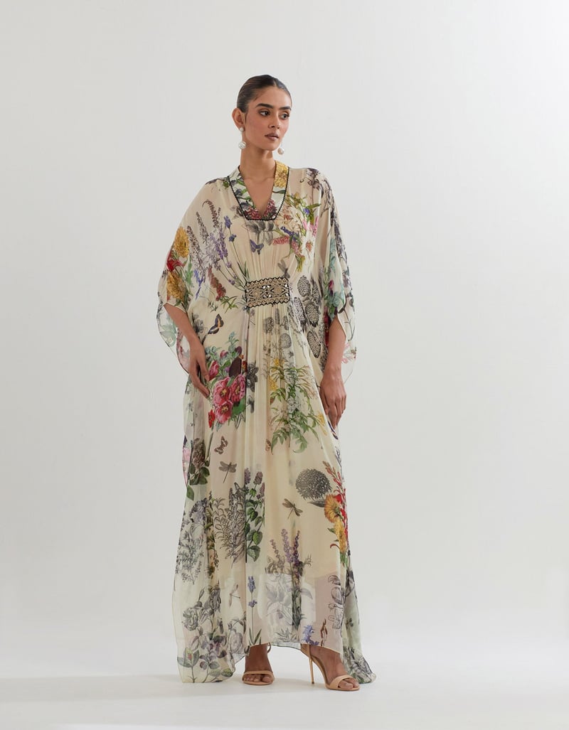 Ivory Botanical Printed Georgette Kaftan