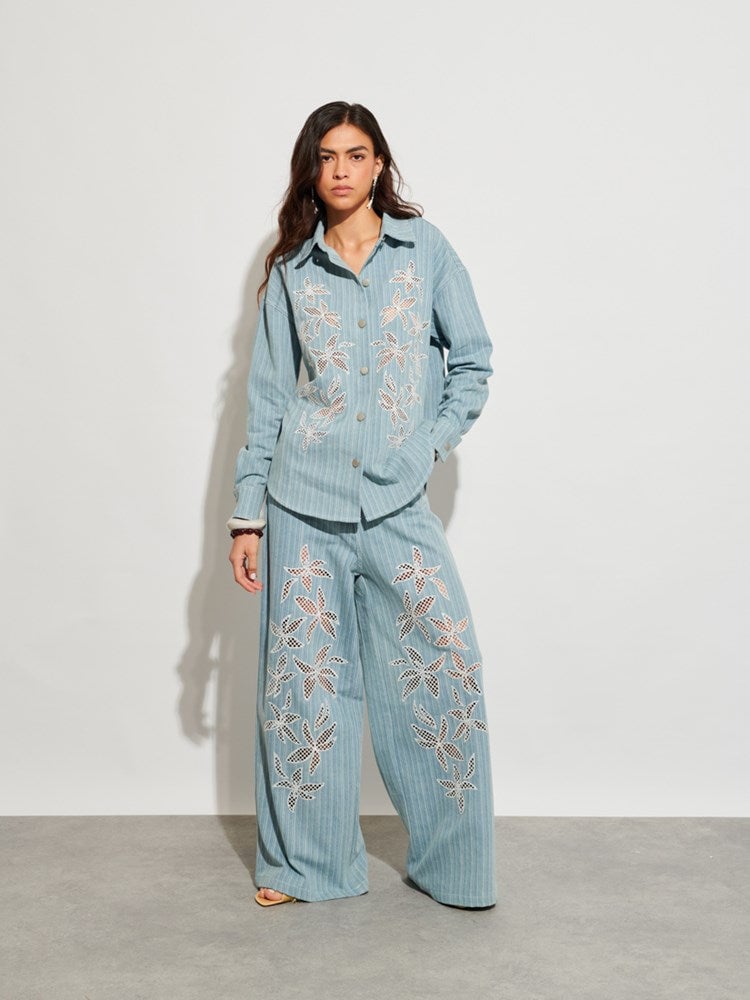 Washed Blue Striped Denim Shirt with Floral Cutwork