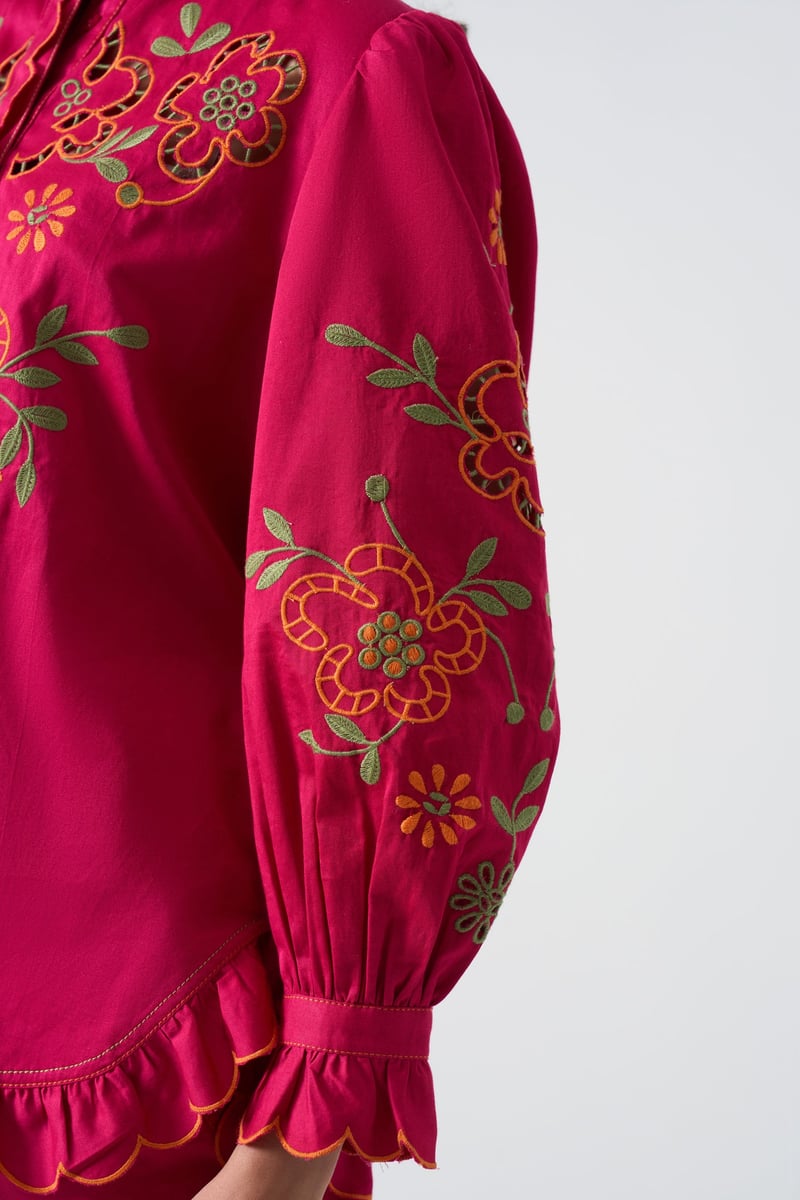 Hot Pink Embroidered Ruffle-Trim Mandarin Collar Shirt