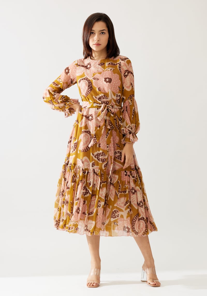 Mustard And Pink Floral Midi Dress