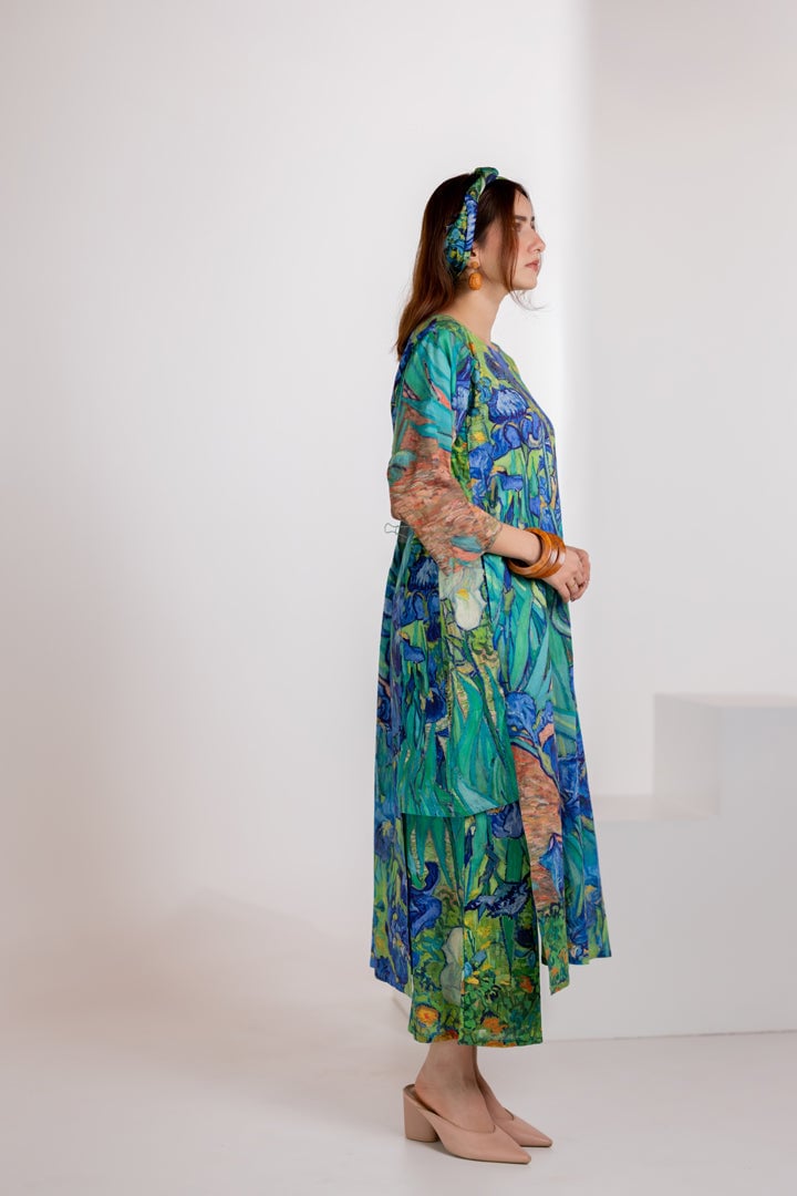 Aqua Blue Floral Printed A-Line Kurta and Pants Set