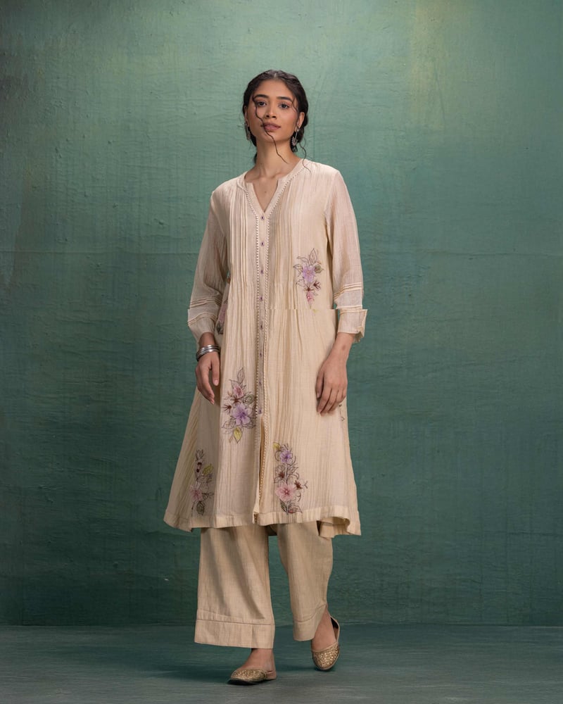 Cream Chanderi Embroidered Kurta and Pant Co-ord Set