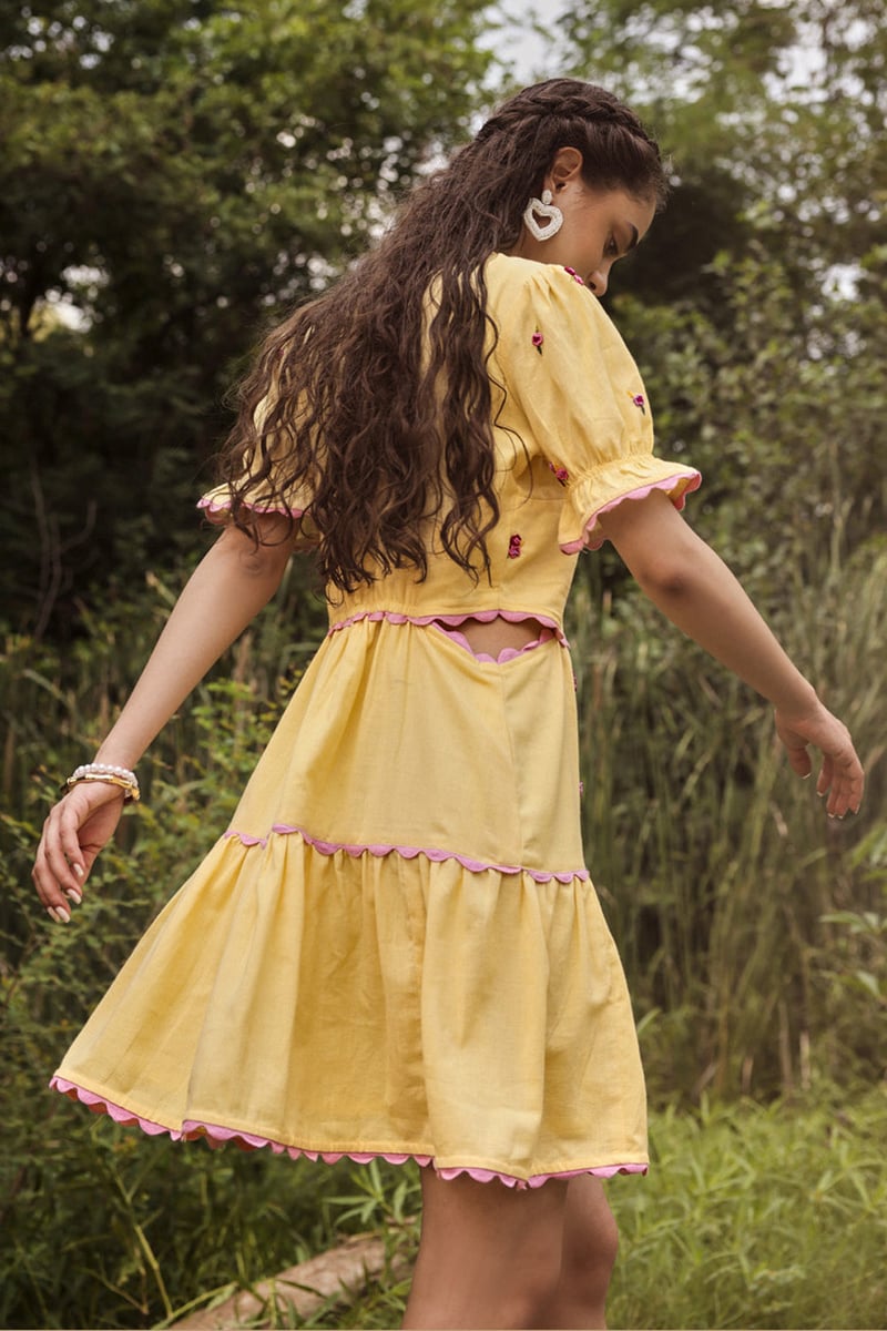 Buttercup Yellow Tiered Mini Dress with Floral Embroidery