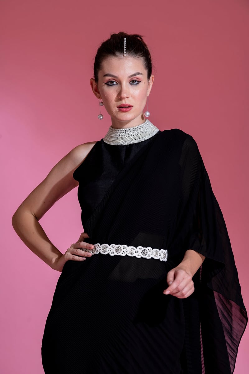 Midnight Black Pre-Draped Pleated Georgette Saree Set