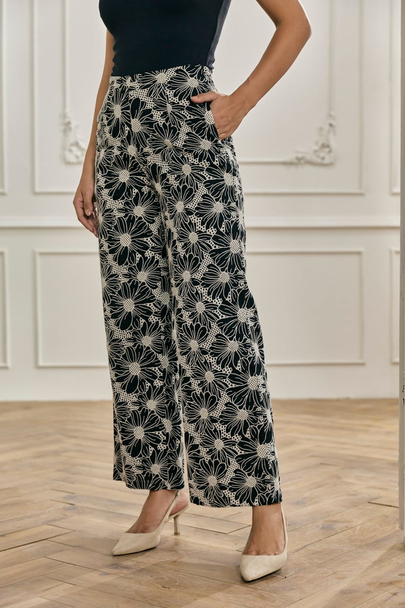 Black Schiffli Embroidered Wide-Leg Cotton Trousers